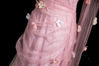 Elegant Light Pink A-Line Strapless 3D Floral Tulle Long Prom Dress Evening Dress cc5196