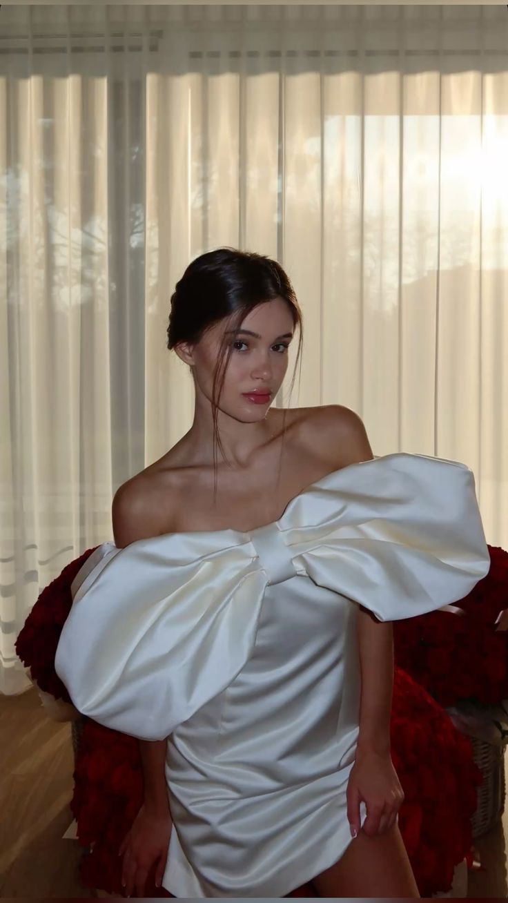 Sweet White One-shoulder Oversized Bow Slim Satin Birthday Party Homecoming Dress cc4499