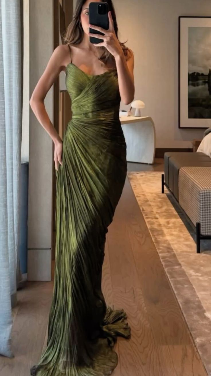 Elegant Olive Green Mermaid Spaghetti Strap Pleated Satin Long Prom Dress Evening Dress Bridesmaid Dress cc4705
