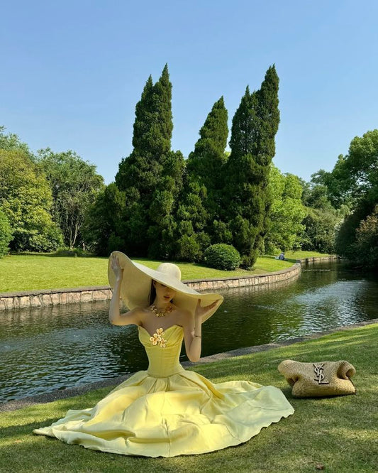 Elegant Light Yellow A-line Tube Top Herringbone Satin Long Prom Dress Evening Dress cc4750
