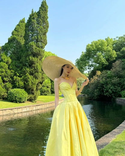Elegant Light Yellow A-line Tube Top Herringbone Satin Long Prom Dress Evening Dress cc4750