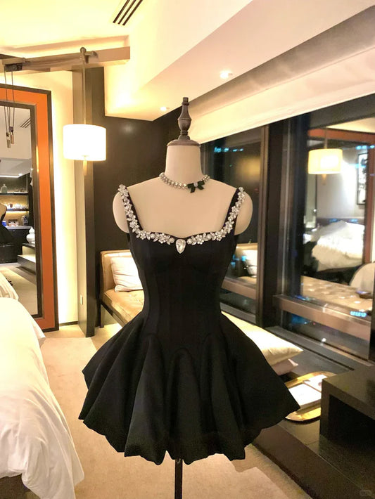 Sweet Black Strap Rhinestone Waist Bud Satin 16th Birthday Homecoming Dress cc4502