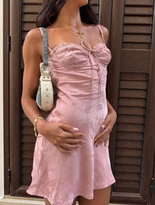 Sweet Pink Suspender Lace-up Dark Pattern Jacquard Satin 17th Birthday Homecoming Dress cc4503