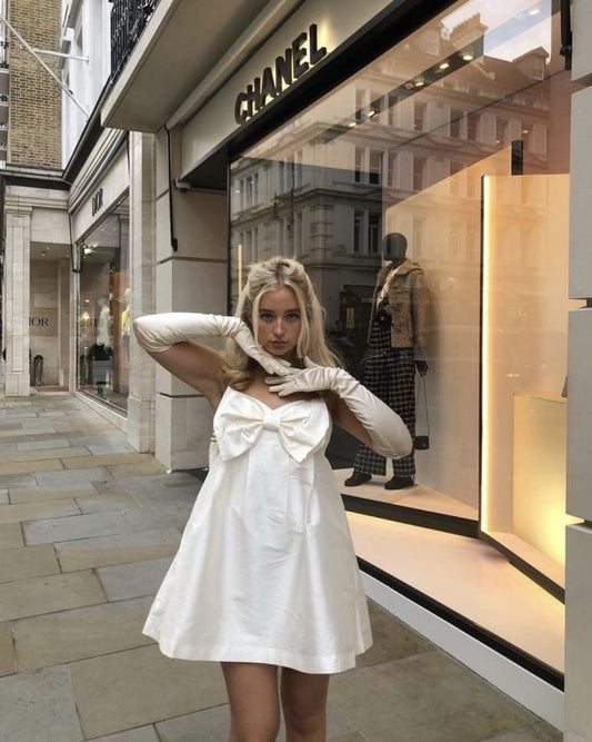 Sweet White Suspender Bow Loose Satin Birthday Party Homecoming Dress cc4504