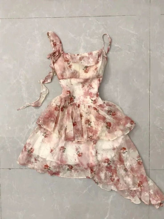 Sweet Pink And White Floral Irregular Ruffle Chiffon 16th Birthday Homecoming Dress cc4505