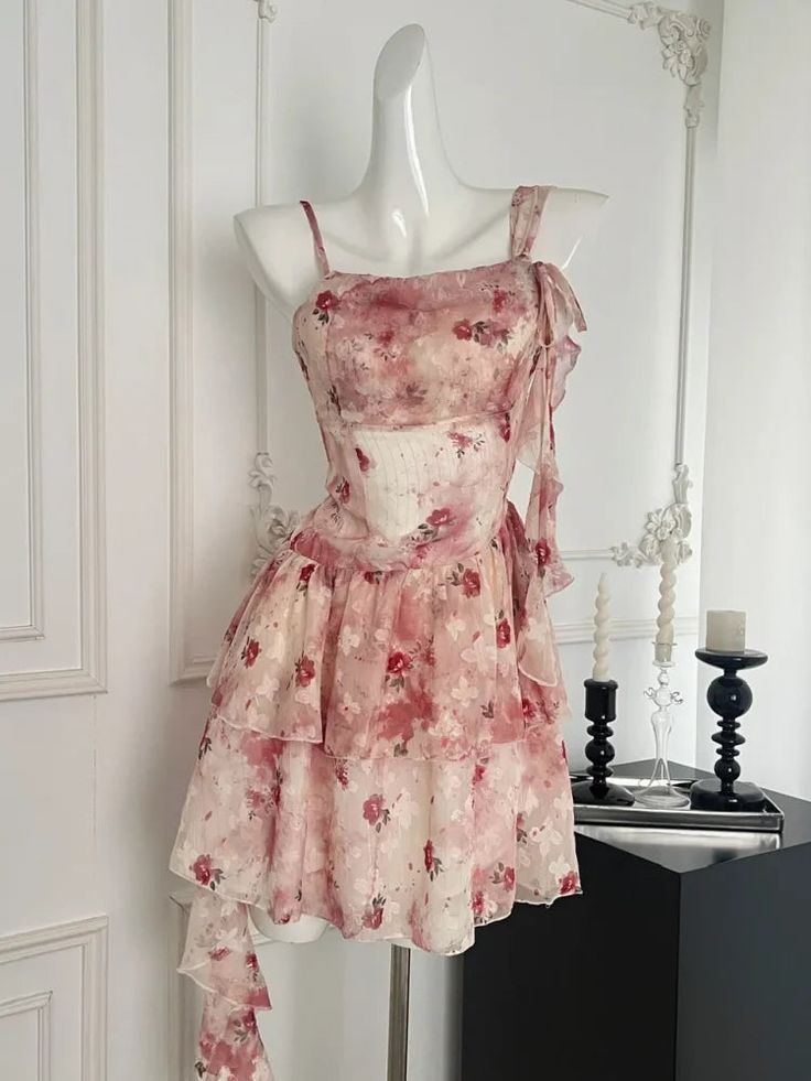 Sweet Pink And White Floral Irregular Ruffle Chiffon 16th Birthday Homecoming Dress cc4505