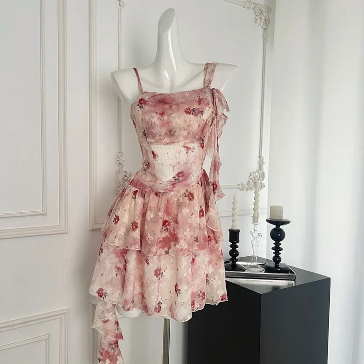 Sweet Pink And White Floral Irregular Ruffle Chiffon 16th Birthday Homecoming Dress cc4505