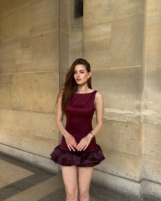 Elegant Burgundy Round Neck Sleeveless Flower Bud Satin Birthday Party Homecoming Dress cc4507