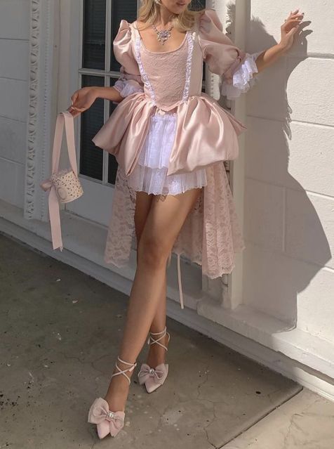 Palace Light Pink Square Neck Puff Sleeve Lace Stitching Satin Birthday Homecoming Dress cc4051