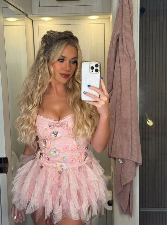 Sweet Pink Colorful Sequins Flowers Multi-layered Mesh Tassel Mini Birthday Party Homecoming Dress cc4512