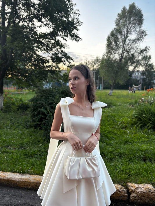 Elegant White Bow Strap Satin A-line Birthday Party Homecoming Dress cc4518