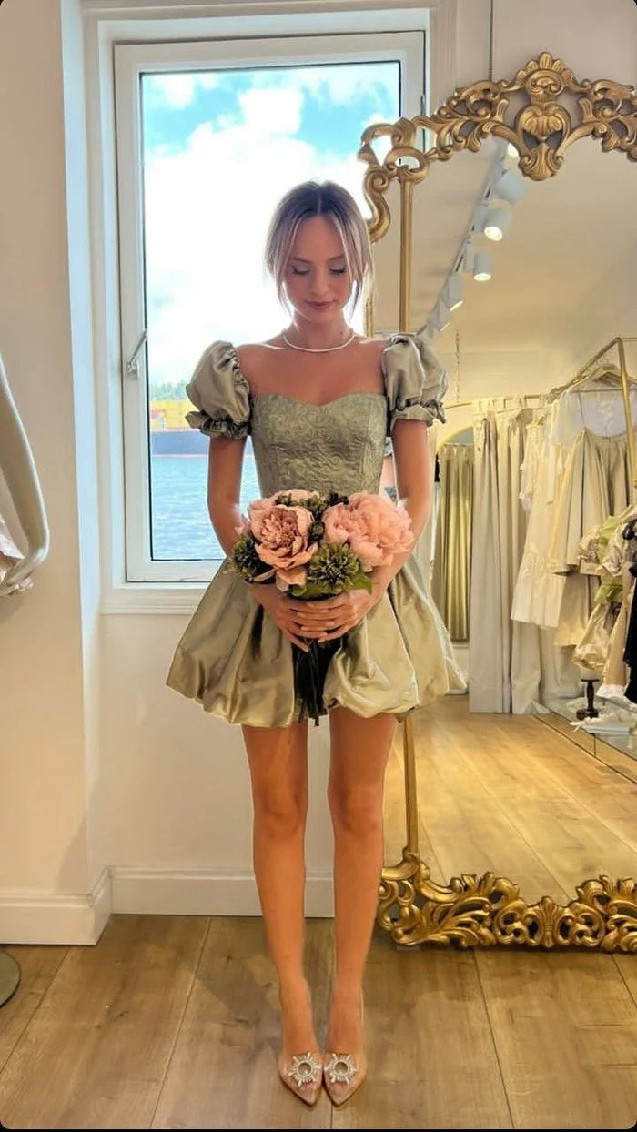 Retro Light Green Puff Sleeve Lace Pattern Bud Satin 17th Birthday Homecoming Dress cc4519