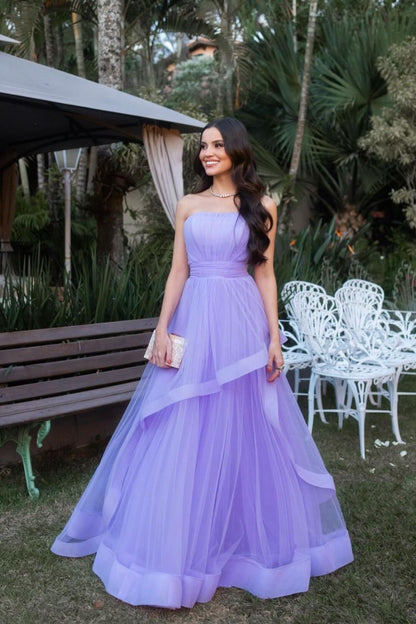 Elegant Purple A-line Tube Top Tulle Long Prom Dress Evening Dress Bridesmaid Dress cc4752