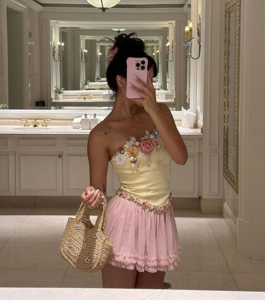 Sweet Yellow And Pink Color Matching Tube Top Three-dimensional Flower Chiffon 16th Birthday Homecoming Dress cc4052