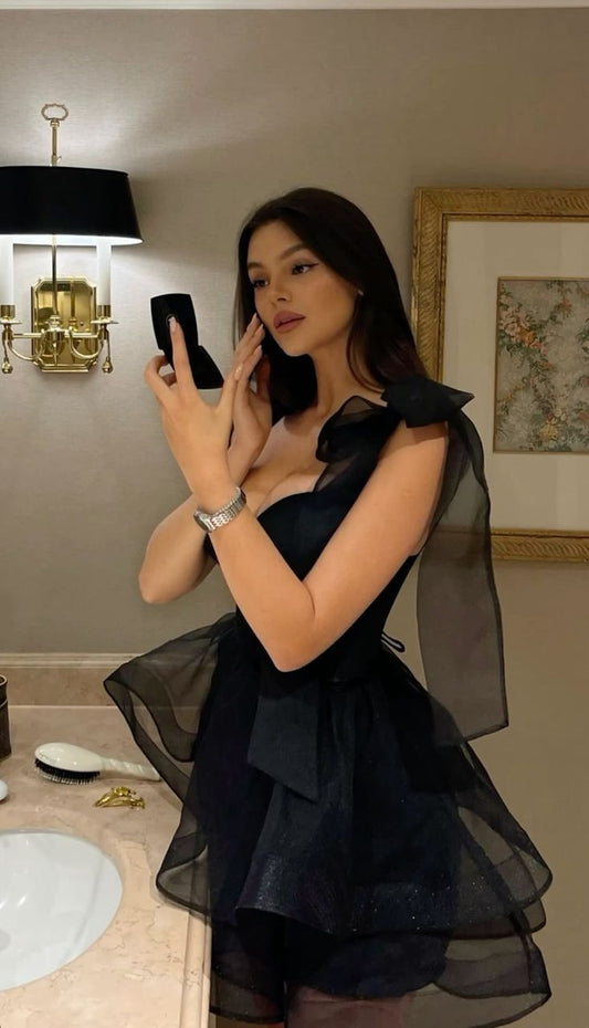 Elegant Black Bow Strap Tulle A-line Birthday Party Homecoming Dress cc4520