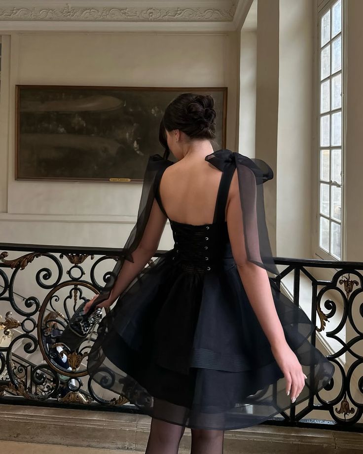 Elegant Black Bow Strap Tulle A-line Birthday Party Homecoming Dress cc4520