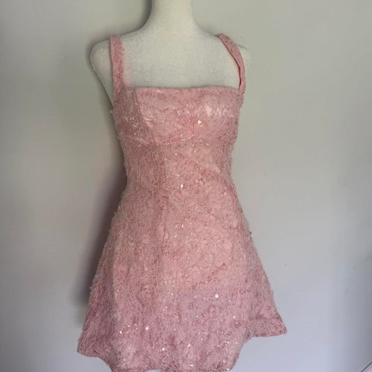 Sweet Pink Square Neck Lace Pattern Sequins Slim Fit 16th Birthday Homecoming Dress cc4522