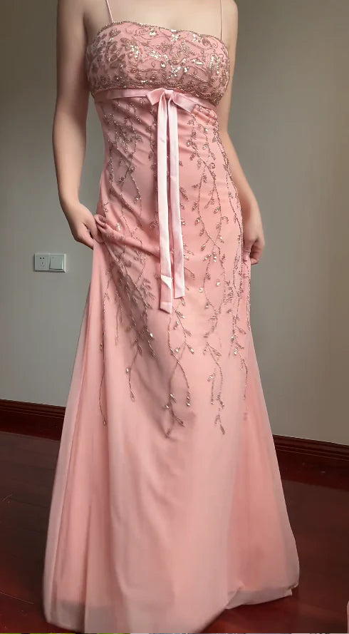 Elegant Pink Slim-Fit Spaghetti Strap Beaded Embroidery Leaf Bow Chiffon Long Prom Dress Evening Dress cc5223