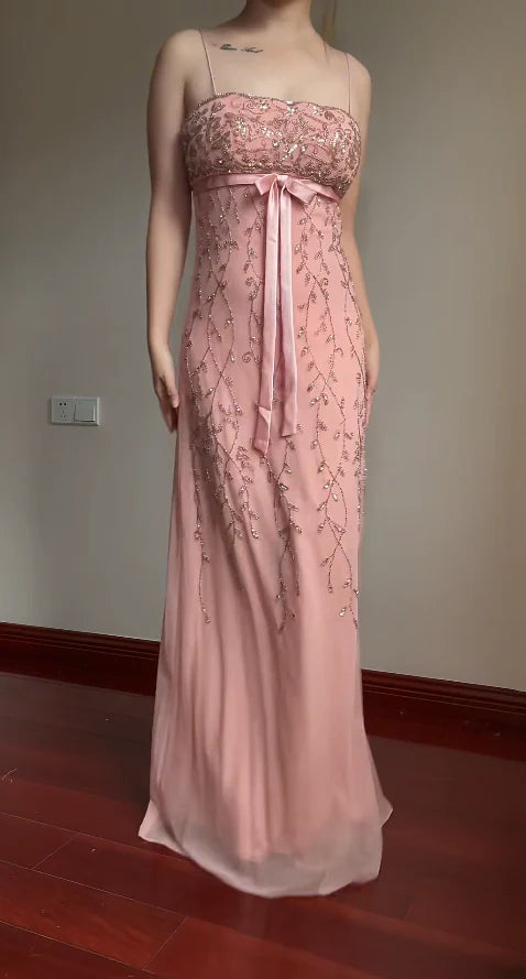 Elegant Pink Slim-Fit Spaghetti Strap Beaded Embroidery Leaf Bow Chiffon Long Prom Dress Evening Dress cc5223