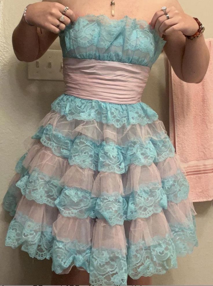 Sweet Blue And Pink Colorblock Multi-layer Lace And Organza A-line Birthday Party Homecoming Dress cc4525