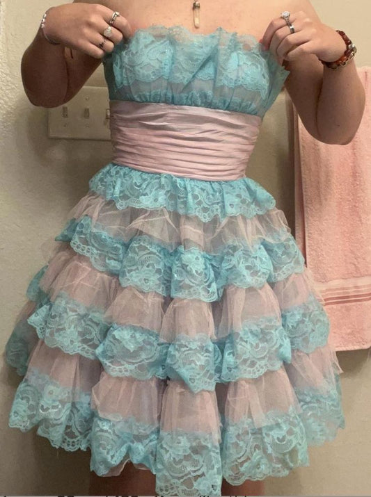 Sweet Blue And Pink Colorblock Multi-layer Lace And Organza A-line Birthday Party Homecoming Dress cc4525