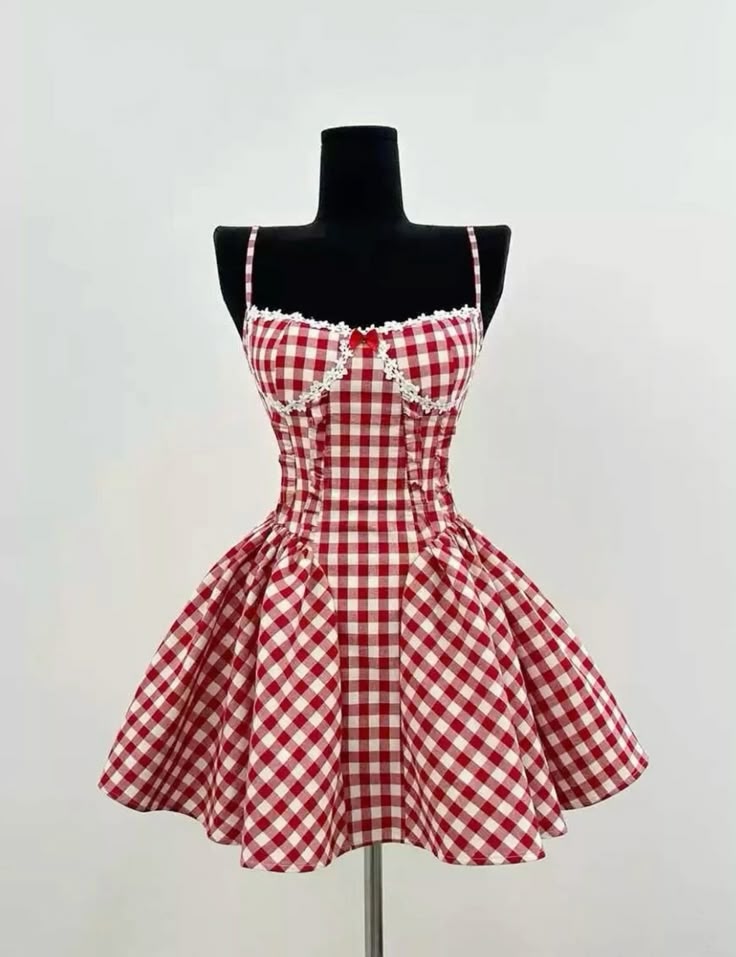 Retro Red And White Plaid Suspender A-line Birthday Party Homecoming Dress cc4528