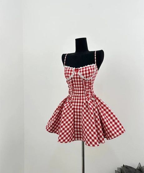 Retro Red And White Plaid Suspender A-line Birthday Party Homecoming Dress cc4528