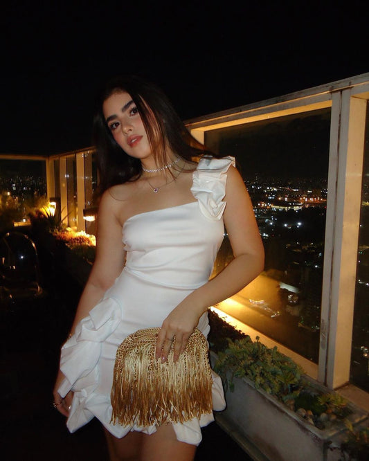 Elegant White One-shoulder Collar Ruffled Slim Fit Bud Satin Birthday Party Homecoming Dress cc4529