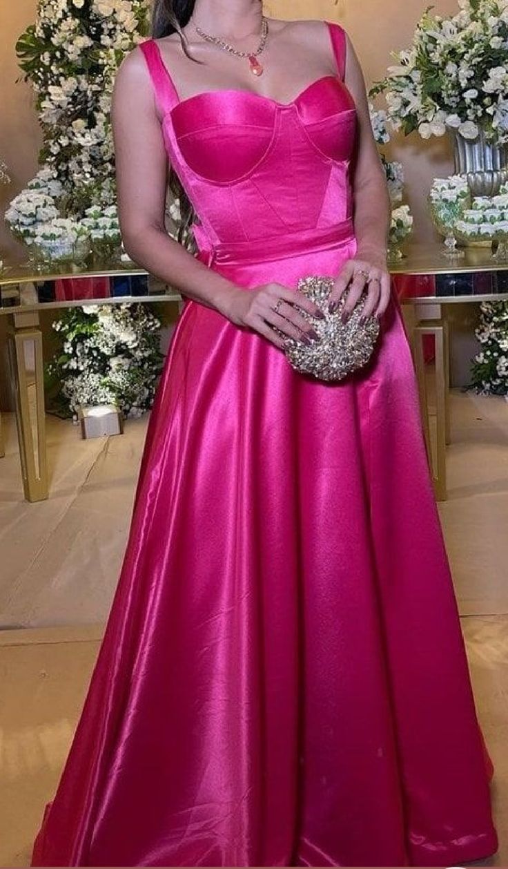 Elegant Hot Pink A-line Shoulder Strap Sweetheart Neckline Satin Long Prom Dress Evening Dress cc4753