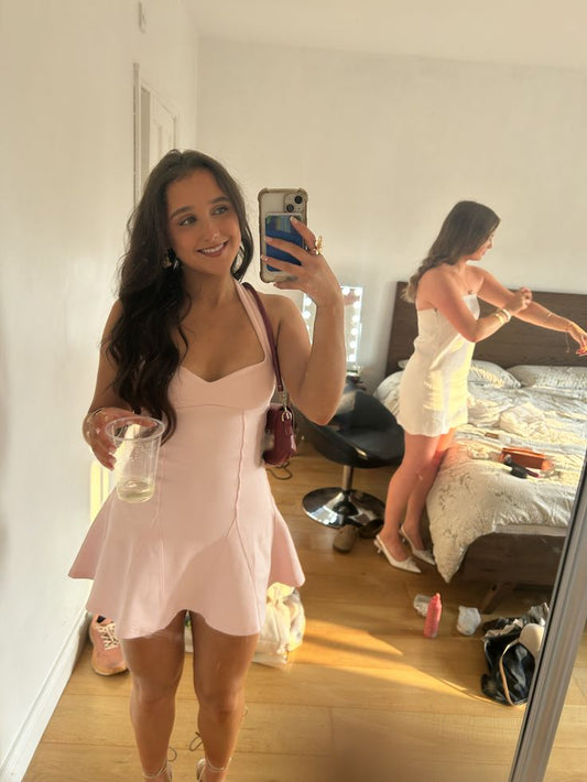 Sweet Pink Halter Neck Waist A-line 17th Birthday Homecoming Dress cc4530