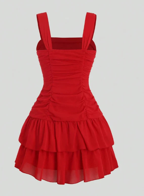 Sweet Red Square Neck Bow Pleated Chiffon 17th Birthday Homecoming Dress cc4532