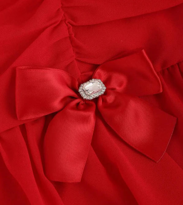 Sweet Red Square Neck Bow Pleated Chiffon 17th Birthday Homecoming Dress cc4532