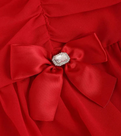Sweet Red Square Neck Bow Pleated Chiffon 17th Birthday Homecoming Dress cc4532