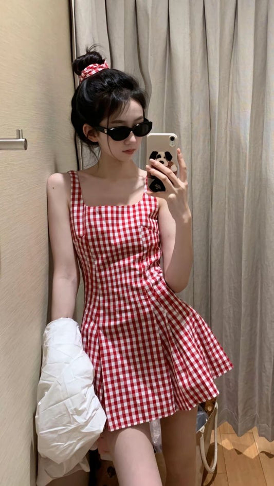 Sweet Retro Red And White Plaid Square Neck Pleated A-line 17th Birthday Homecoming Dress cc4536