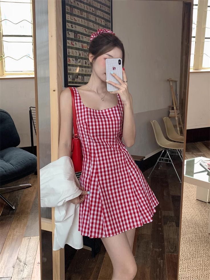 Sweet Retro Red And White Plaid Square Neck Pleated A-line 17th Birthday Homecoming Dress cc4536
