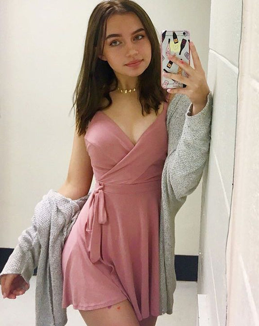 Sweet Pink V-Neck Tie-Waist Mini Birthday Party Homecoming Dress cc4538