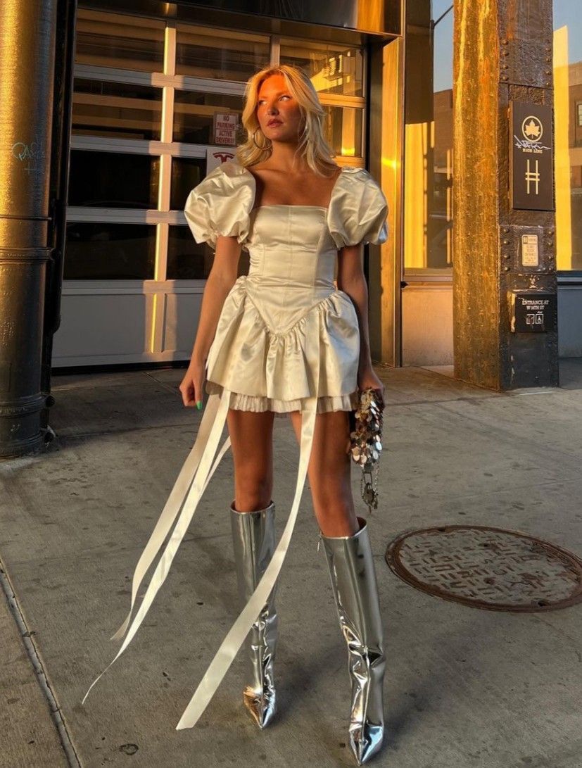 Palace Retro White Puff Sleeve Ribbon Satin Birthday Short Skirt Homecoming Dress cc4539