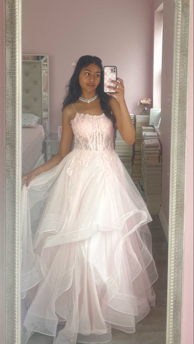 Sweet Light Pink A-line Spaghetti Strap Tiered Tulle Long Prom Dress Evening Dress cc4754