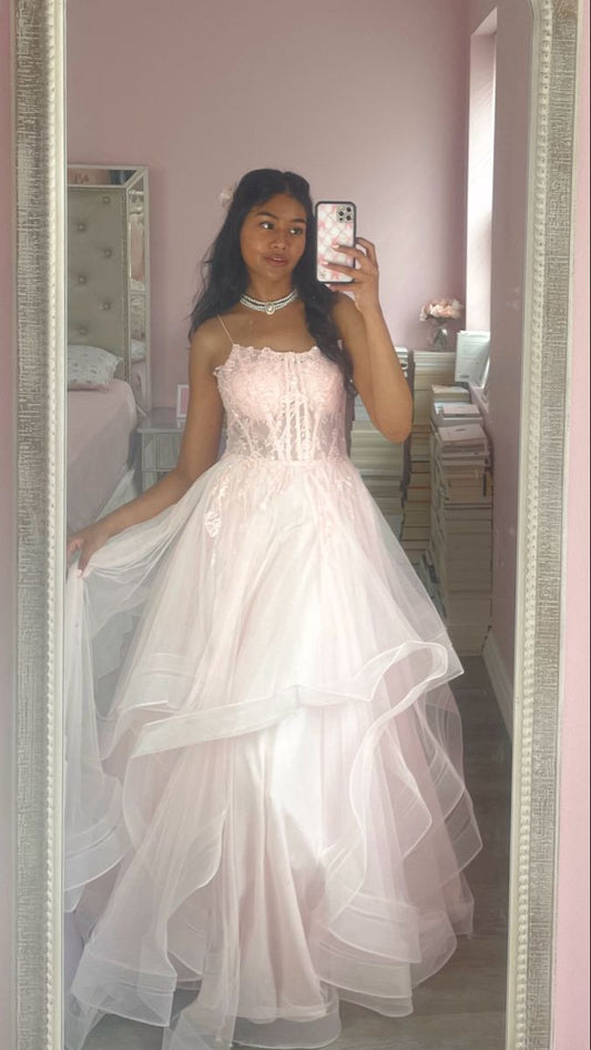 Sweet Light Pink A-line Spaghetti Strap Tiered Tulle Long Prom Dress Evening Dress cc4754