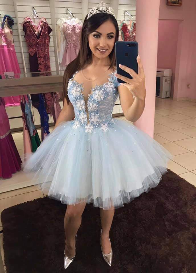 Dreamy Light Blue Short-sleeved Lace Tulle A-line 16th Birthday Miniskirt Homecoming Dress cc4540