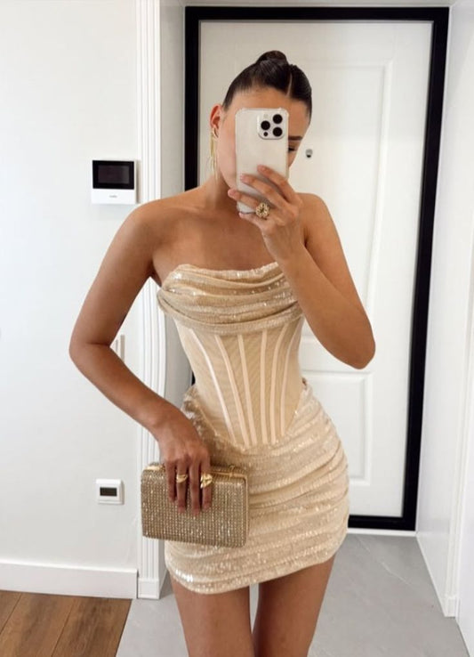 Luxury Gold Strapless Fishbone Sequin Slim Fit Birthday Party Homecoming Dress cc4543