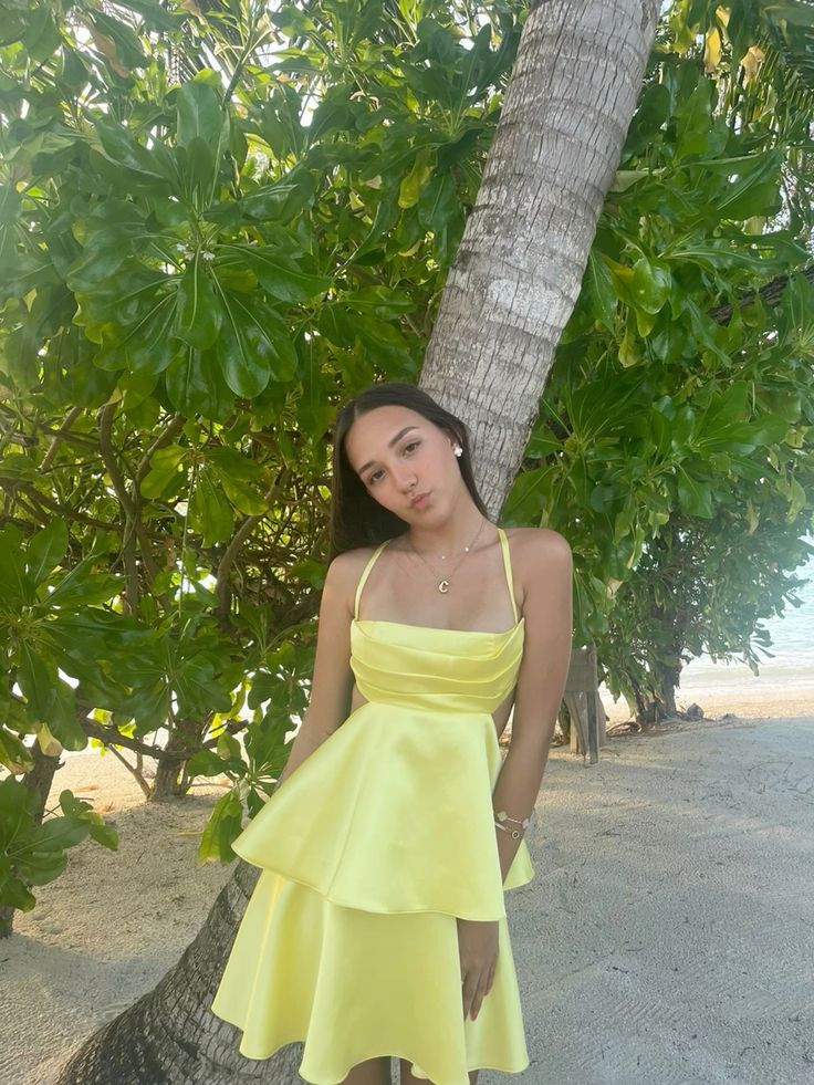 Sweet Yellow Halter Neck Hollow Waist Double Ruffled Satin A-line 17th Birthday Homecoming Dress cc4544