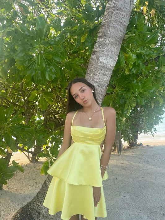 Sweet Yellow Halter Neck Hollow Waist Double Ruffled Satin A-line 17th Birthday Homecoming Dress cc4544