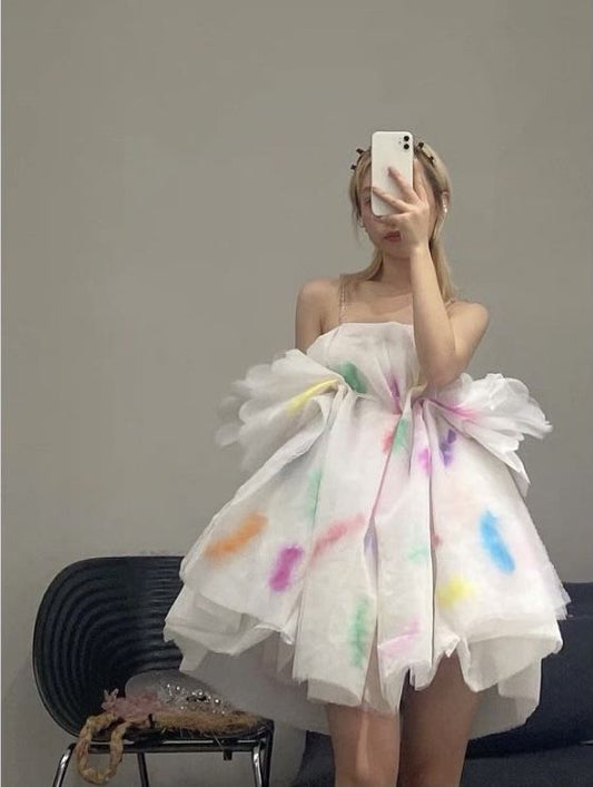 Dreamy White Color Splash Ink Multi-layer Tulle Irregular Birthday Party Homecoming Dress cc4547
