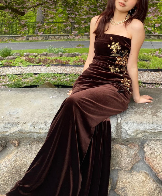 Vintage Dark Brown Slim-Fit Strapless Embroidered Velvet Long Prom Dress Evening Dress cc5247