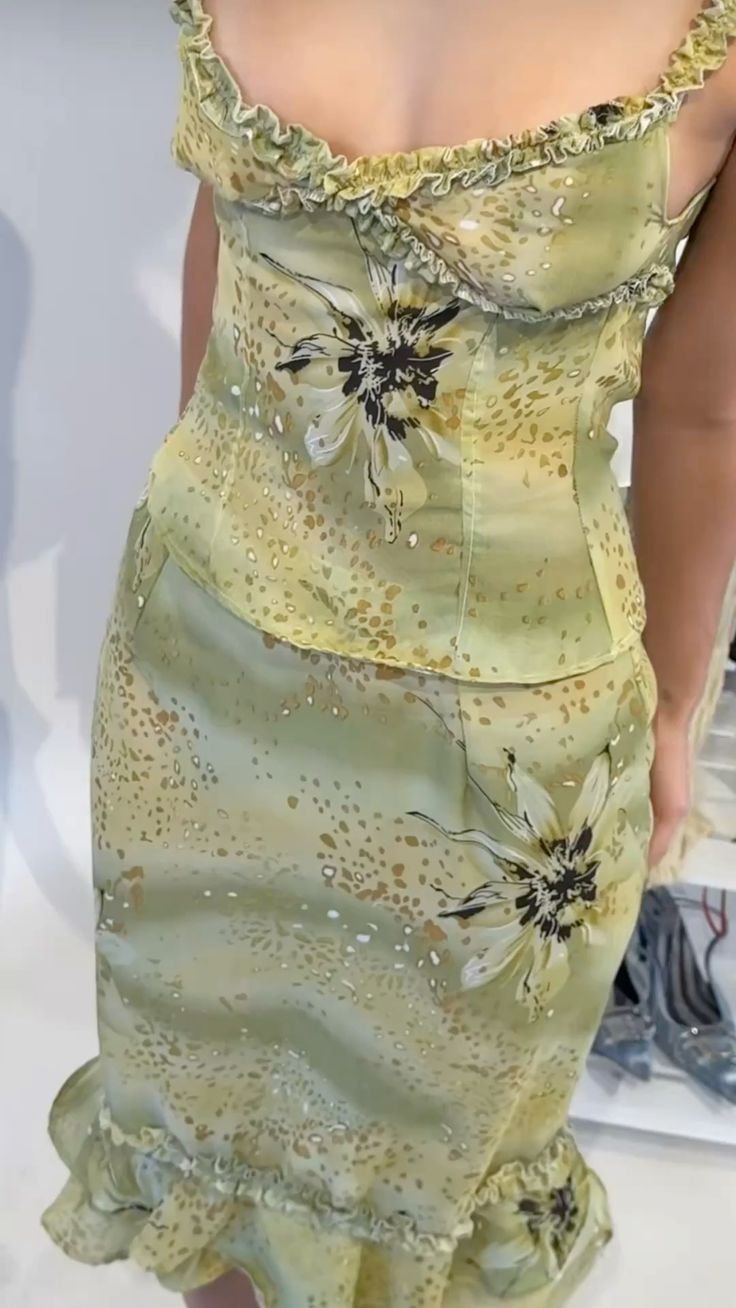 Retro Elegant Yellow Green Printed Ruffled Slim Chiffon Birthday Party Homecoming Dress cc4548