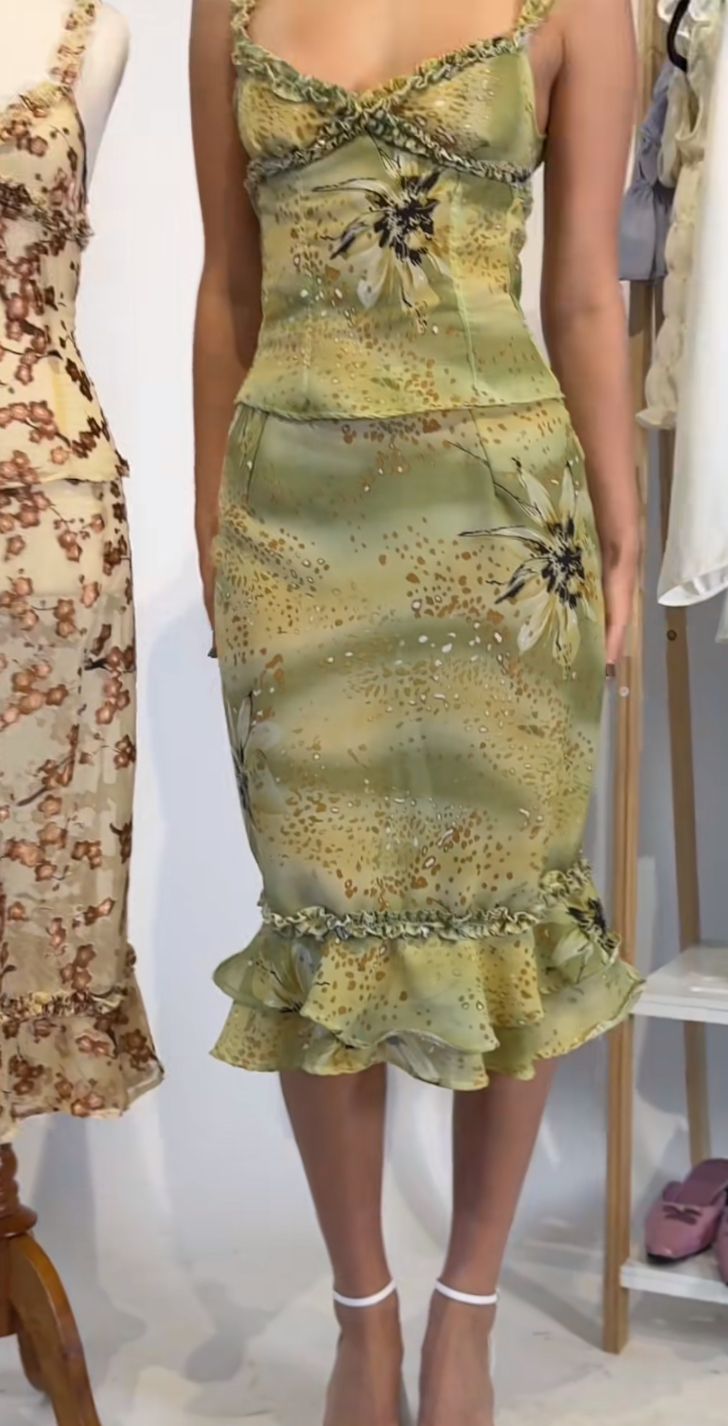 Retro Elegant Yellow Green Printed Ruffled Slim Chiffon Birthday Party Homecoming Dress cc4548