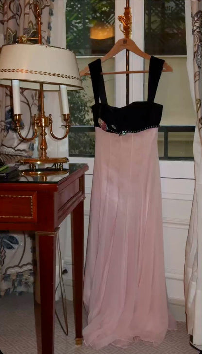 Elegant Black & Pink Color Block A-Line Velvet Chiffon Long Prom Dress Evening Dress cc5249