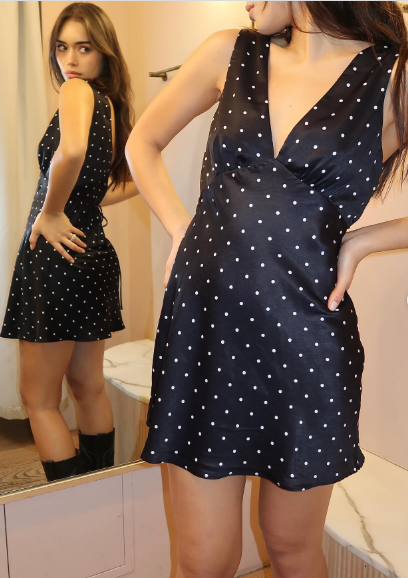 Vintage Navy V-neck Polka Dot Waist Satin Birthday Party Homecoming Dress cc4551