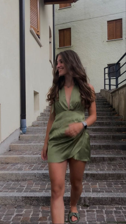 Elegant Olive Green Halter Backless Satin Birthday Skirt Homecoming cc4552